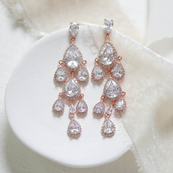 Rose gold Teardrop Chandelier bridal earrings - Treasures by Agnes