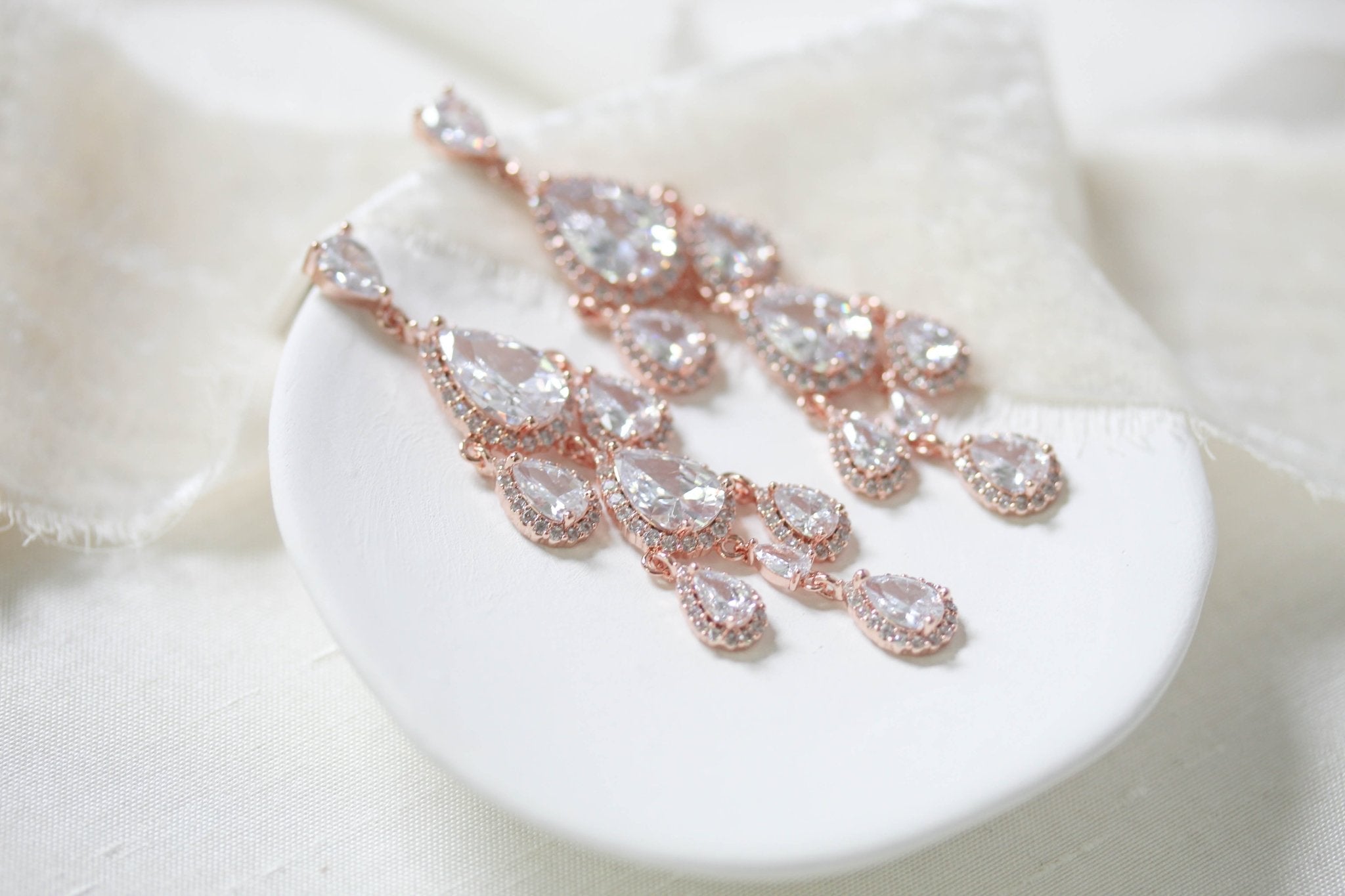 Rose gold Teardrop Chandelier bridal earrings - Treasures by Agnes
