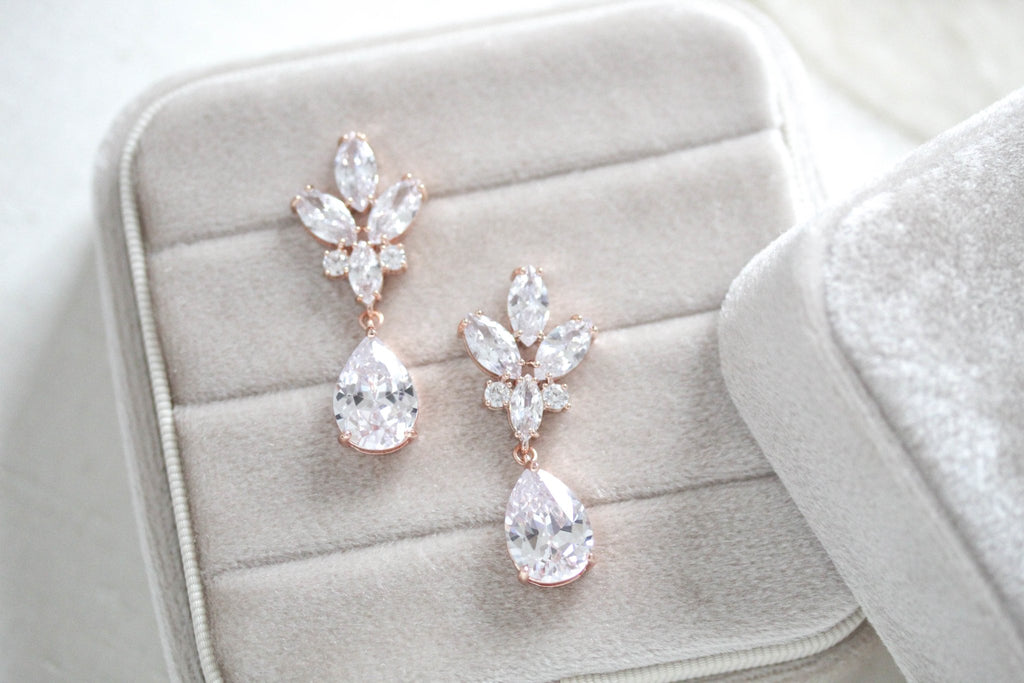 Rose gold teardrop cubic zirconia Bridal earrings - DIVINE - Treasures by Agnes