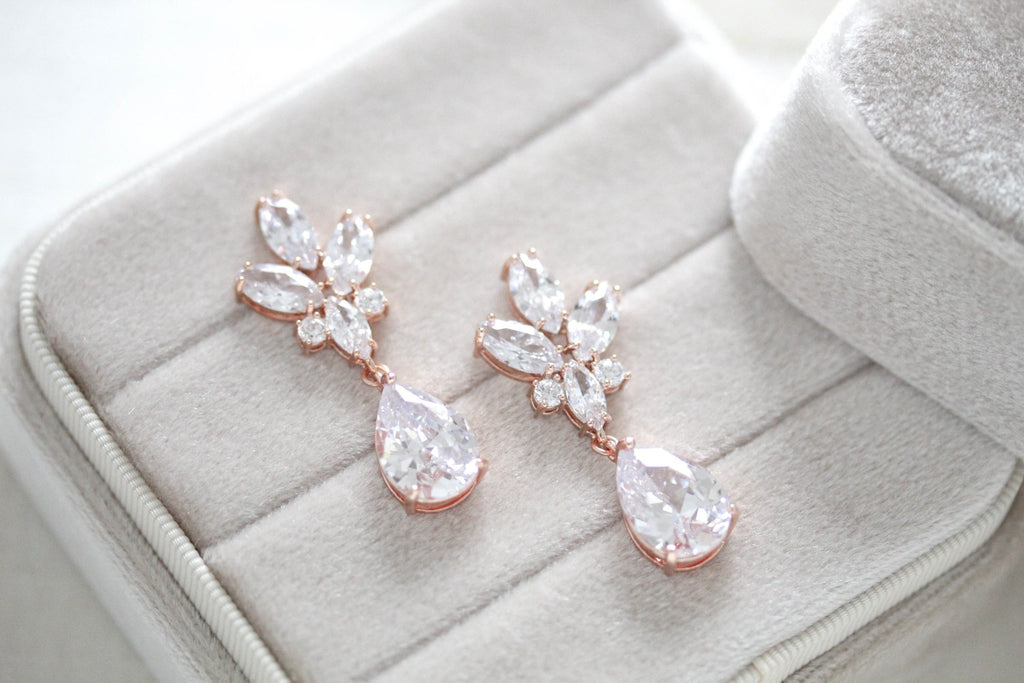 Rose gold teardrop cubic zirconia Bridal earrings - DIVINE - Treasures by Agnes