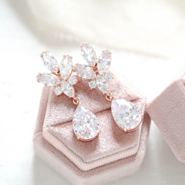 Rose gold teardrop cubic zirconia Bridal earrings - DIVINE - Treasures by Agnes