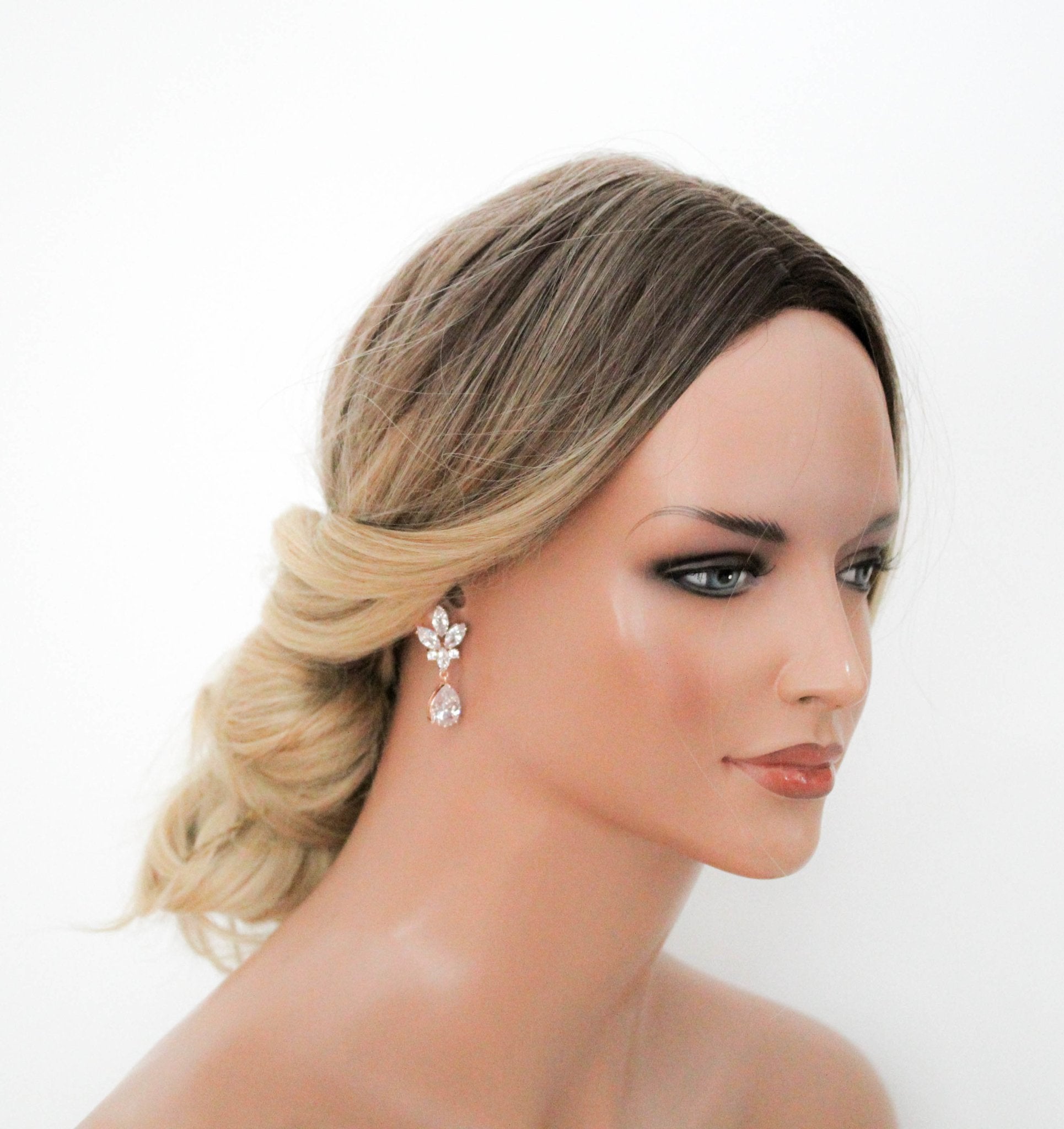 Rose gold teardrop cubic zirconia Bridal earrings - DIVINE - Treasures by Agnes