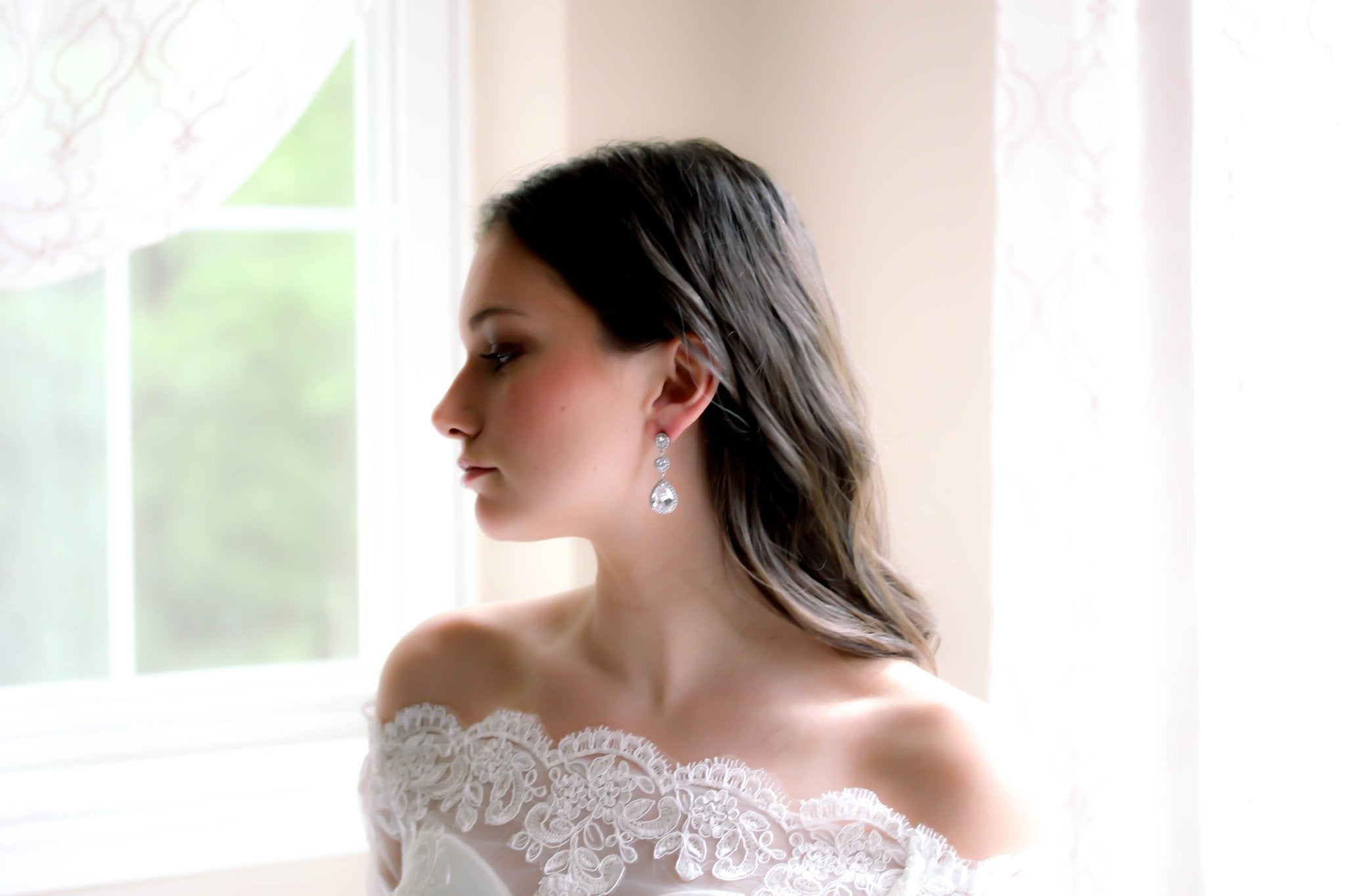 Rose gold Teardrop CZ dangle wedding earrings - Treasures by Agnes