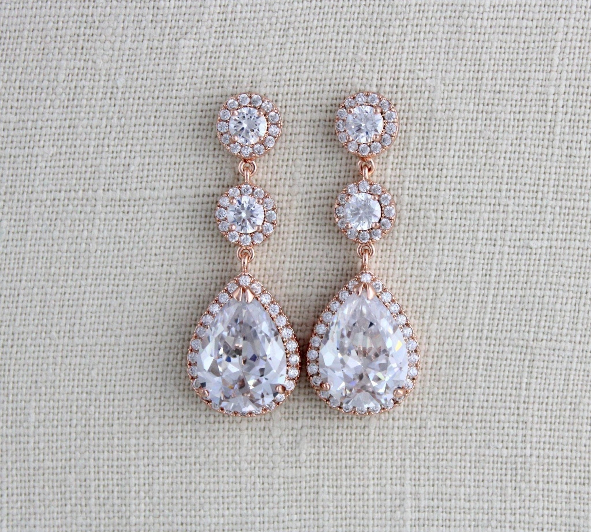 Rose gold Teardrop CZ dangle wedding earrings - Treasures by Agnes