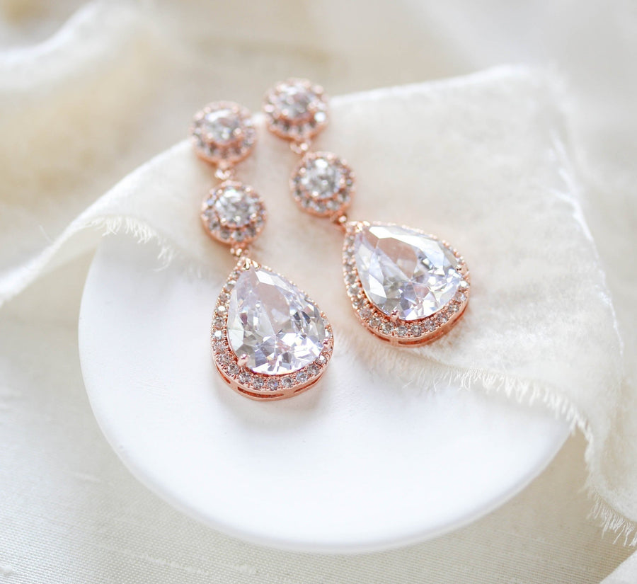 Rose gold Teardrop CZ dangle wedding earrings - Treasures by Agnes
