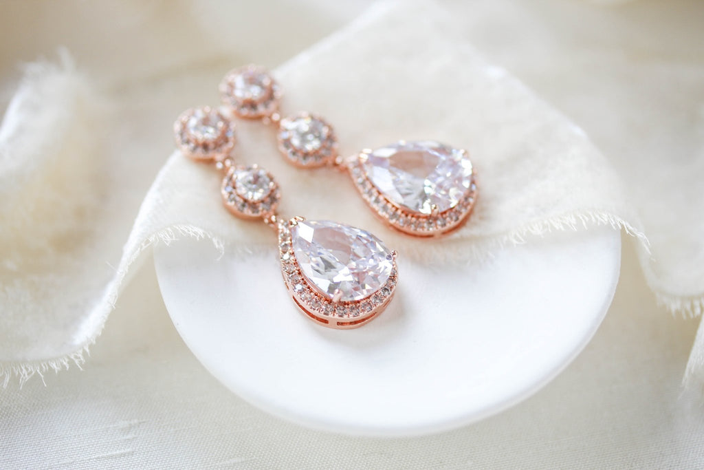 Rose gold Teardrop CZ dangle wedding earrings - Treasures by Agnes