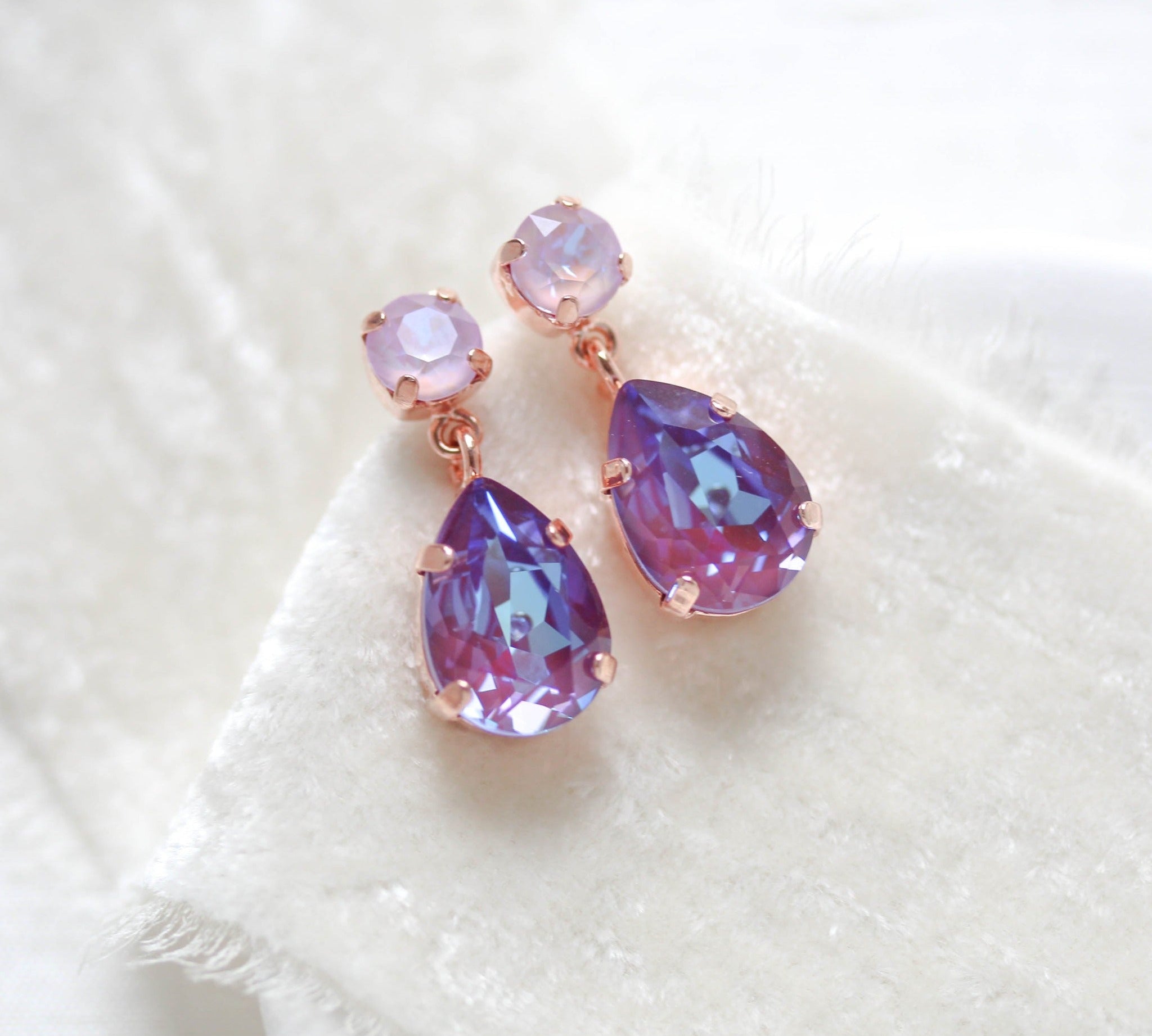 Rose gold teardrop earrings with purple Austrian crystals - SAWYER - Treasures by Agnes