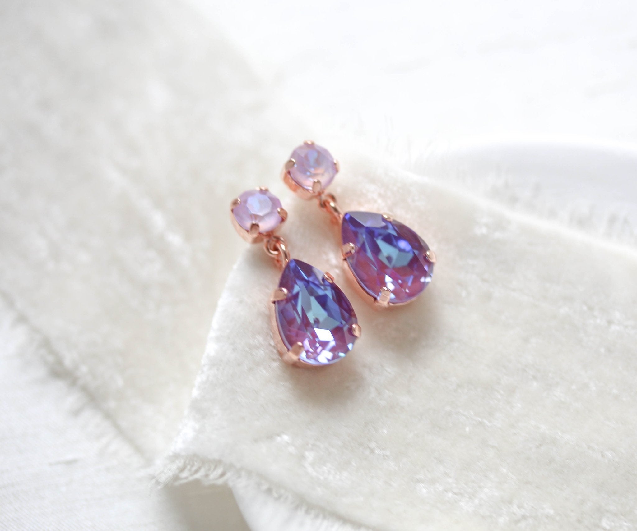 Rose gold teardrop earrings with purple Austrian crystals - SAWYER - Treasures by Agnes