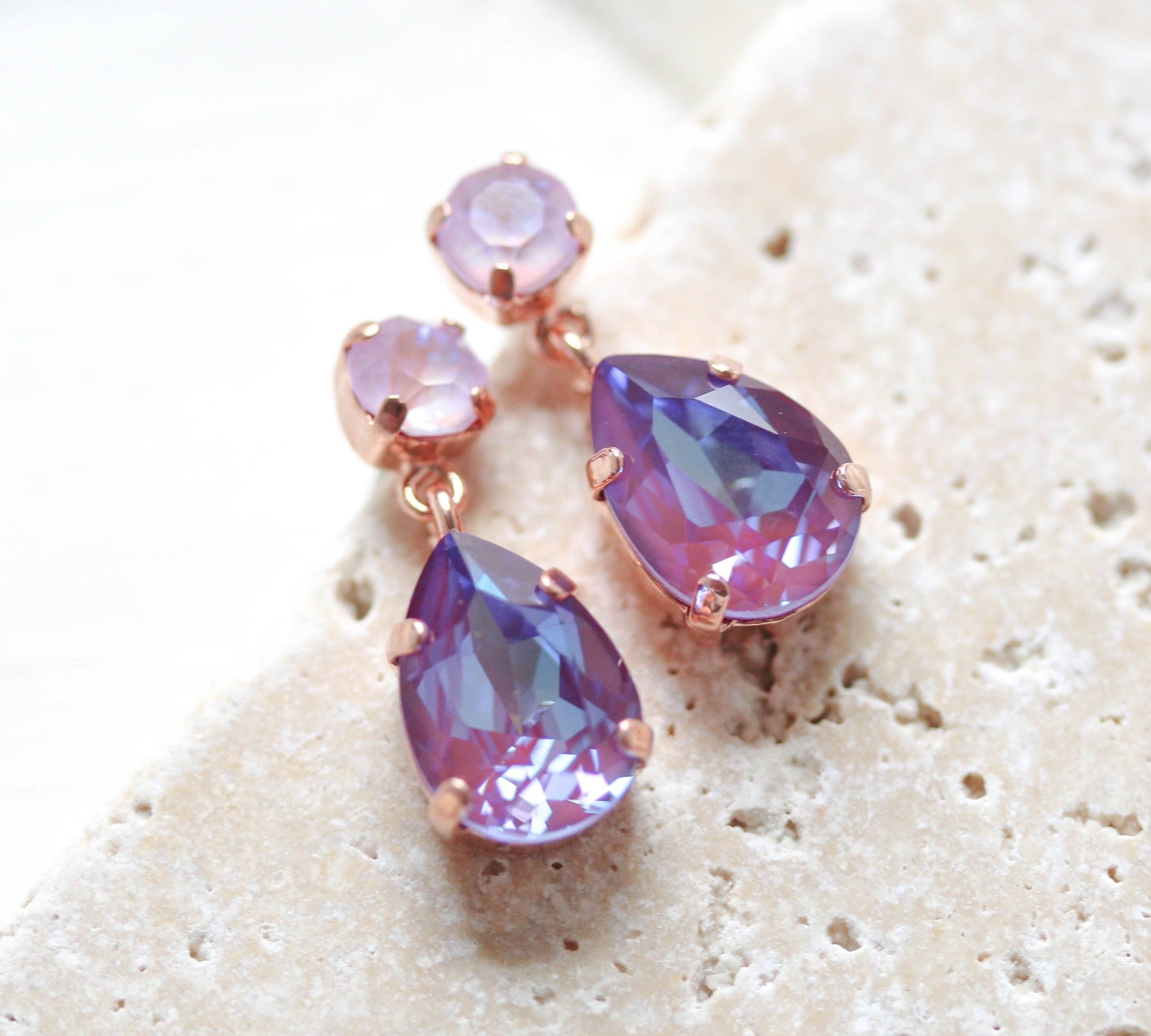 Rose gold teardrop earrings with purple Austrian crystals - SAWYER - Treasures by Agnes