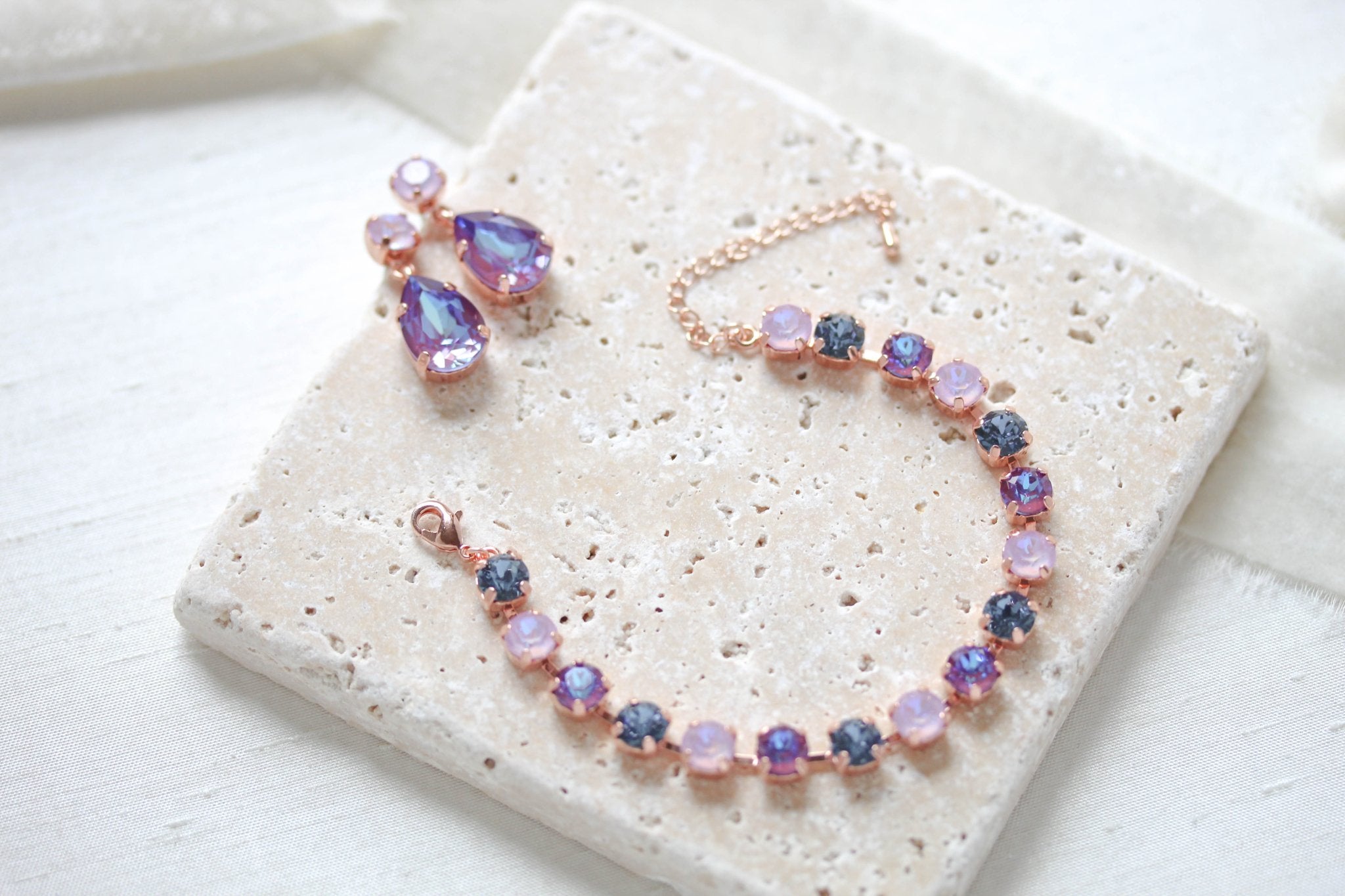Rose gold teardrop earrings with purple Austrian crystals - SAWYER - Treasures by Agnes