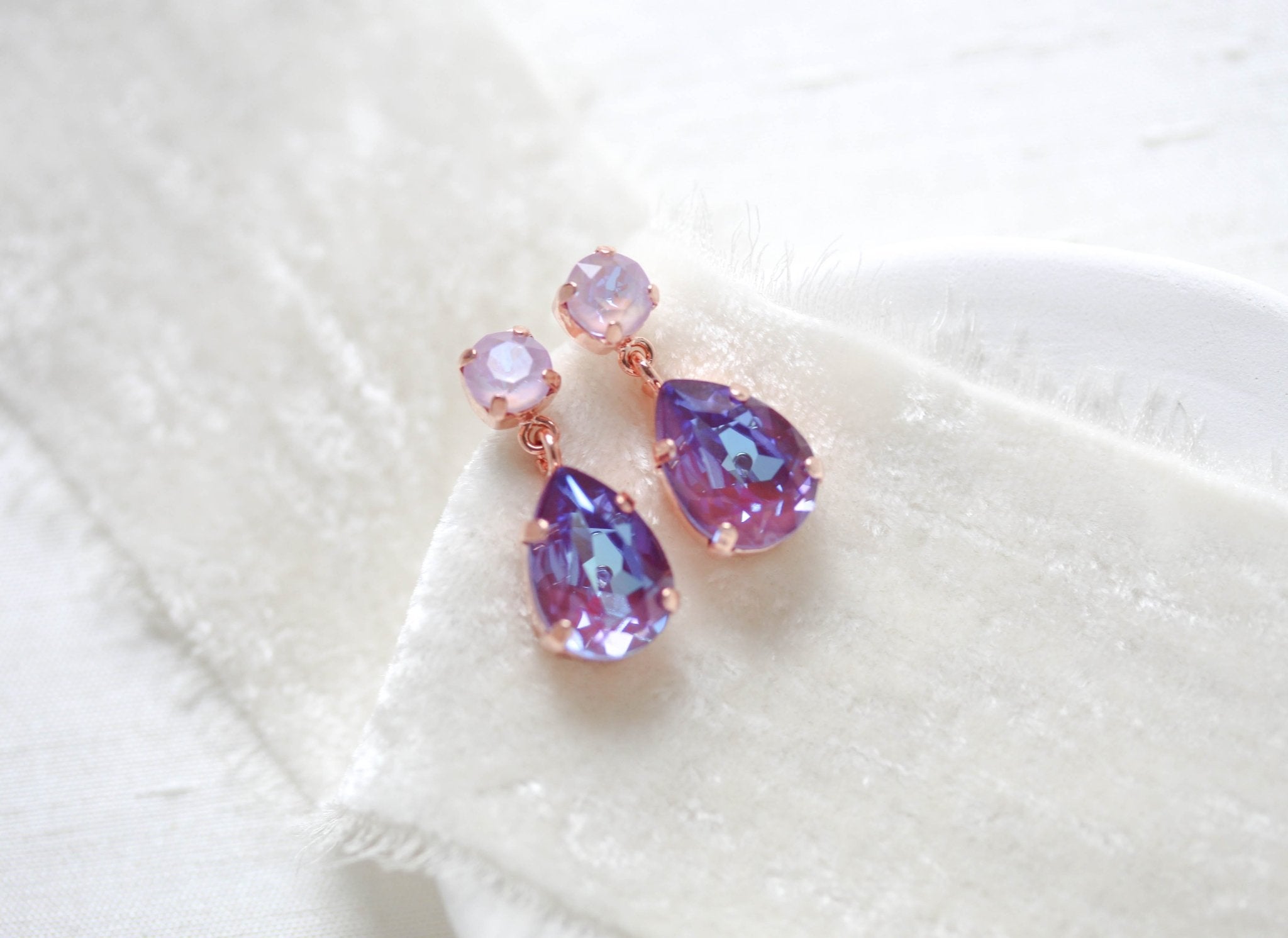 Rose gold teardrop earrings with purple Austrian crystals - SAWYER - Treasures by Agnes