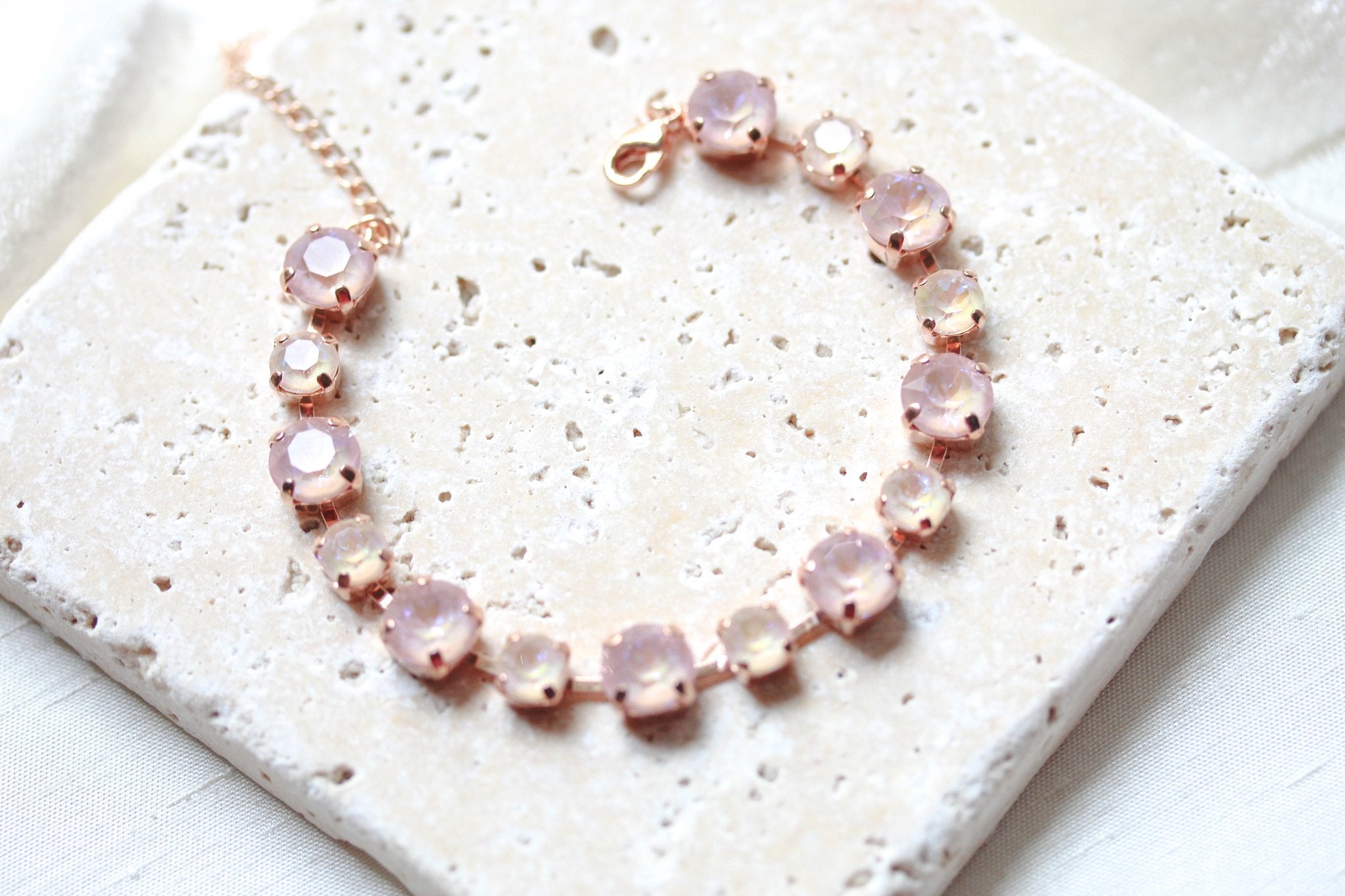 Rose gold tennis bracelet with dusty pink Austrian crystals - PRESLEY - Treasures by Agnes