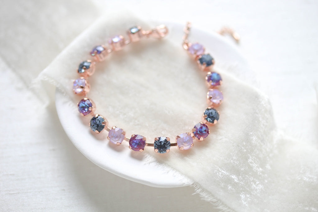 Rose gold tennis bracelet with purple and navy Austrian crystals - SAWYER - Treasures by Agnes