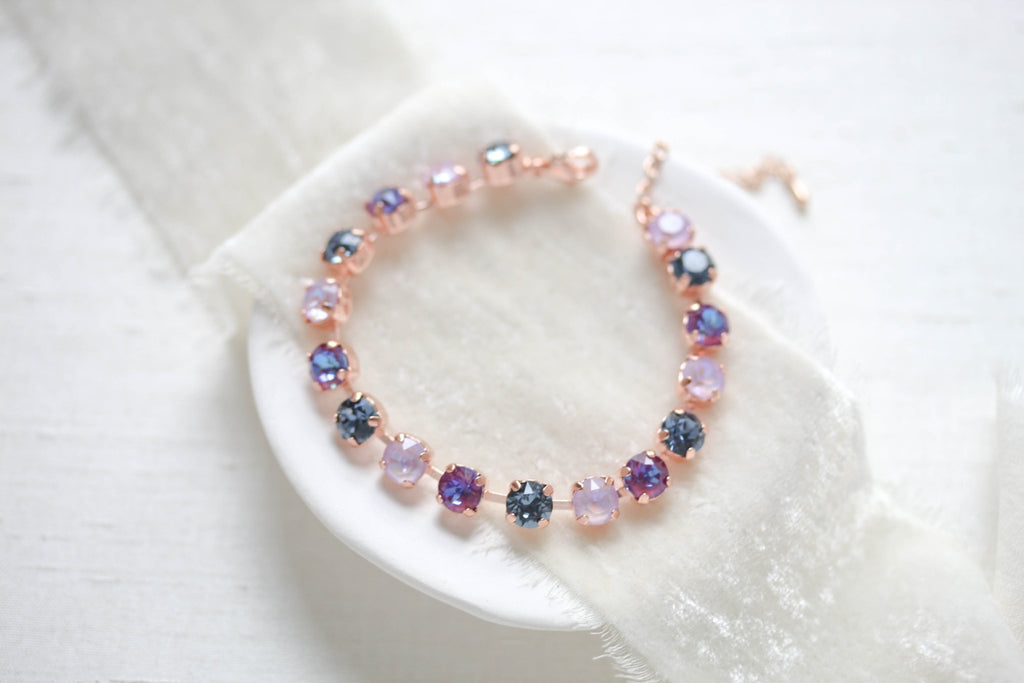 Rose gold tennis bracelet with purple and navy Austrian crystals - SAWYER - Treasures by Agnes