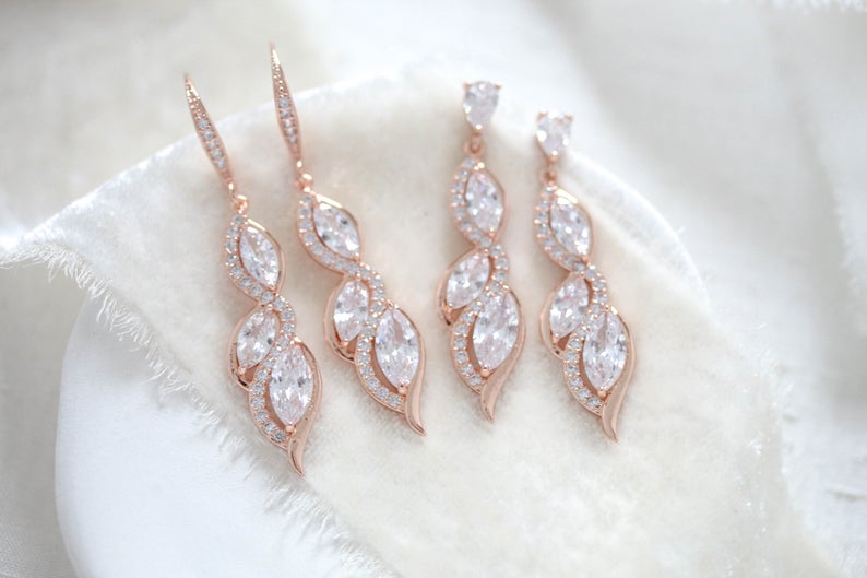 Rose gold Wedding jewelry set, Necklace, earrings and bracelet set - HADLEY - Treasures by Agnes