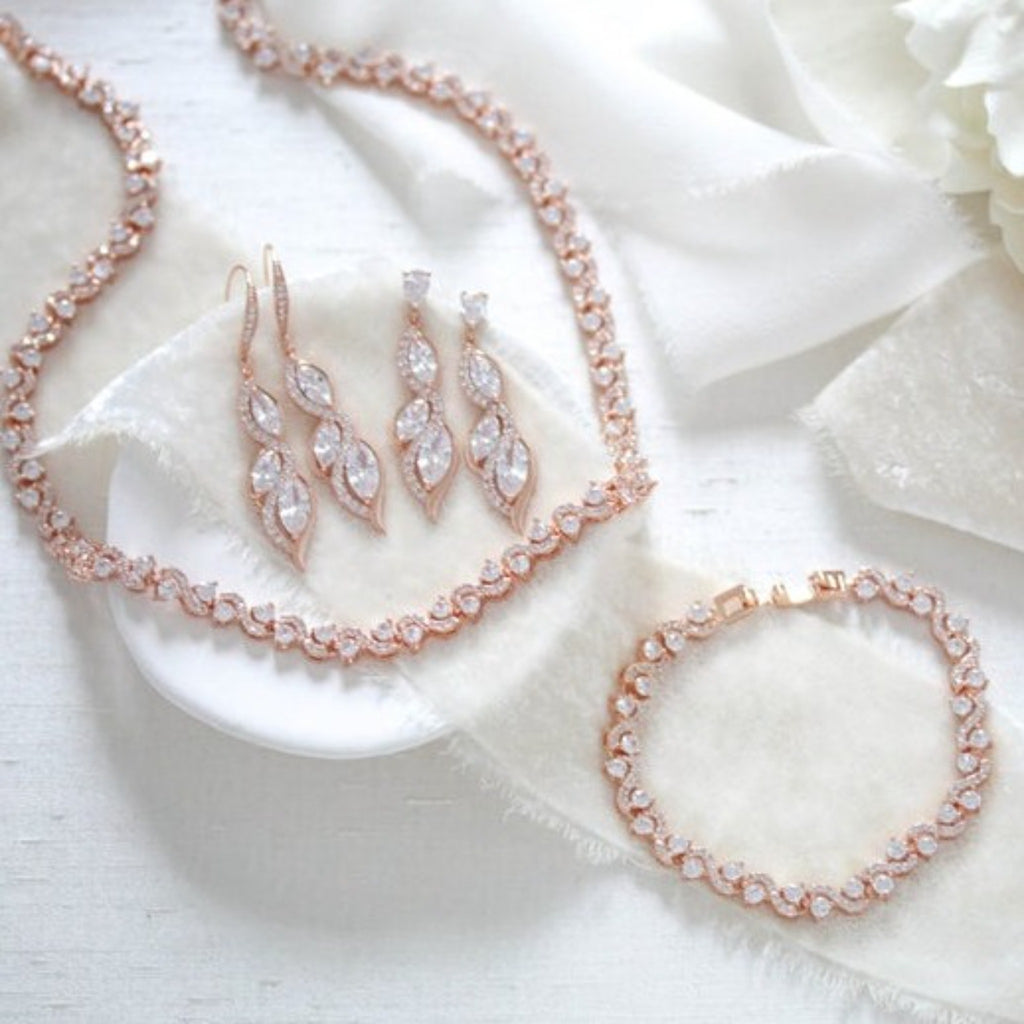 Rose gold Wedding jewelry set, Necklace, earrings and bracelet set - HADLEY - Treasures by Agnes