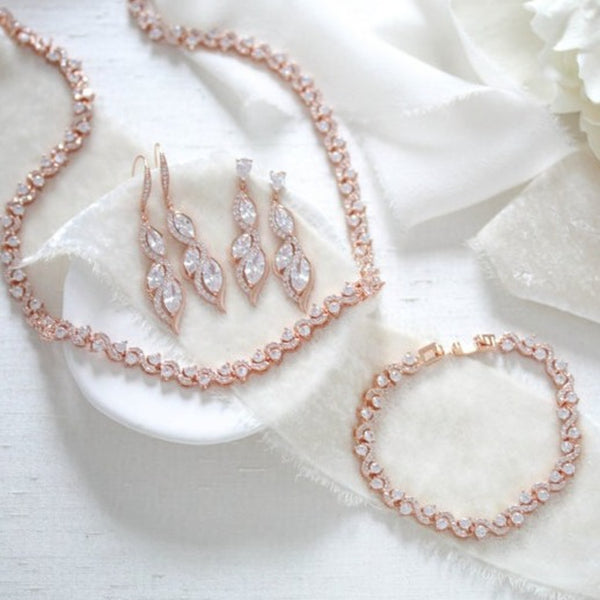 Rose gold Wedding jewelry set, Necklace, earrings and bracelet set - HADLEY - Treasures by Agnes