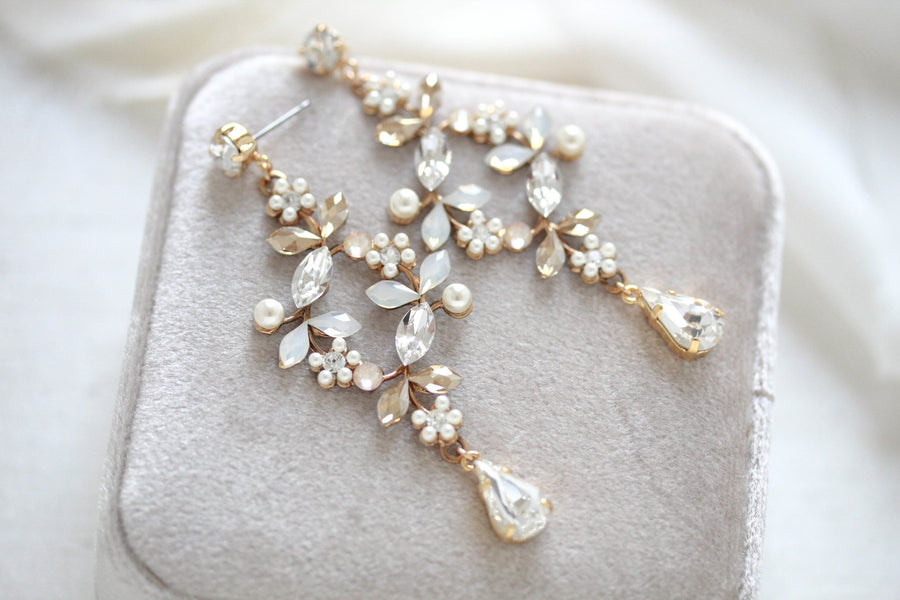 Rose gold White opal crystal Bridal chandelier earrings - EVA - Treasures by Agnes