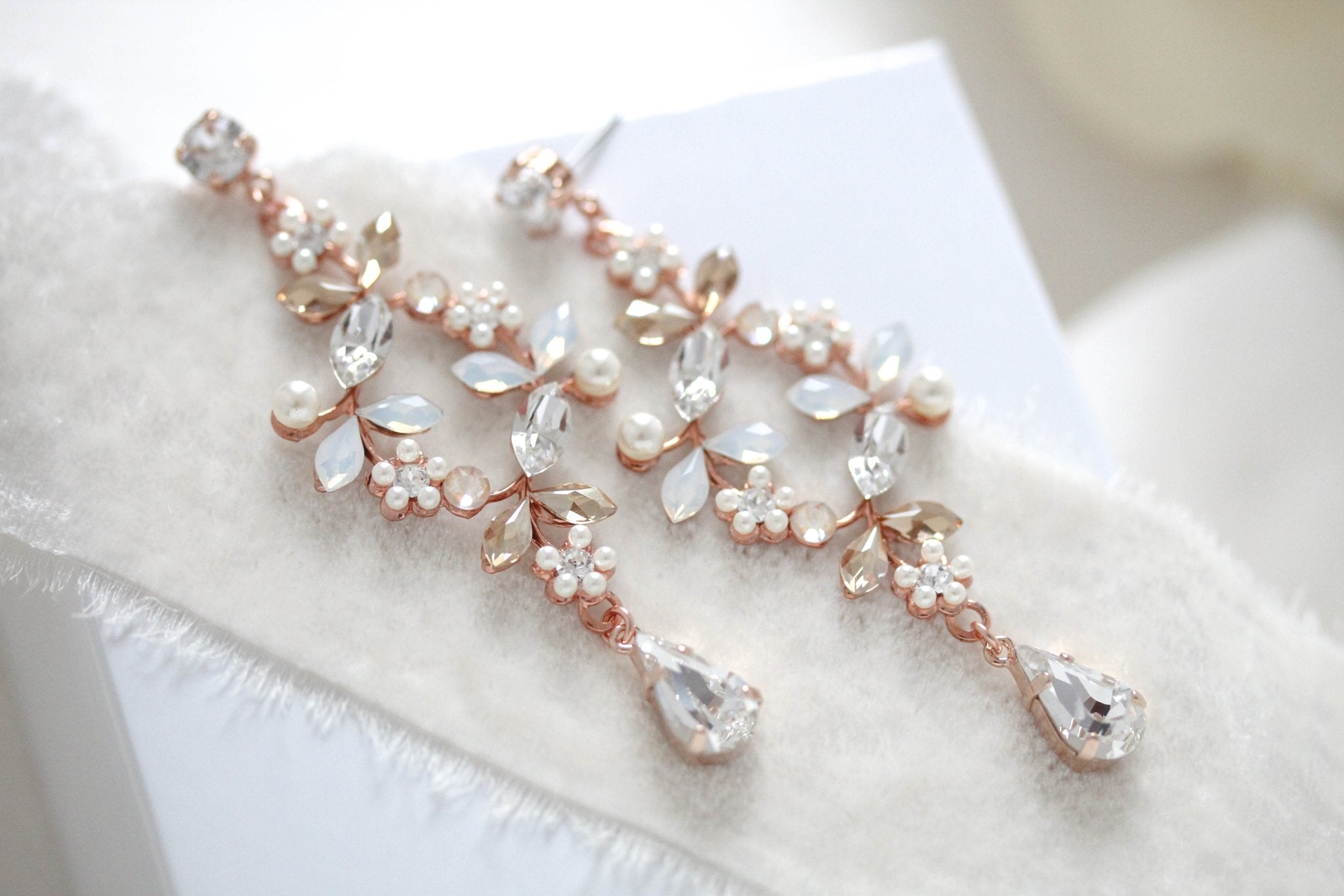 Rose gold White opal crystal Bridal chandelier earrings - EVA - Treasures by Agnes