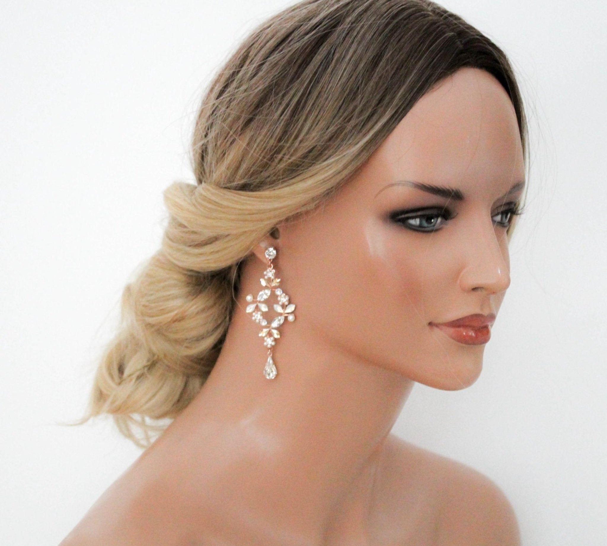 Rose gold White opal crystal Bridal chandelier earrings - EVA - Treasures by Agnes