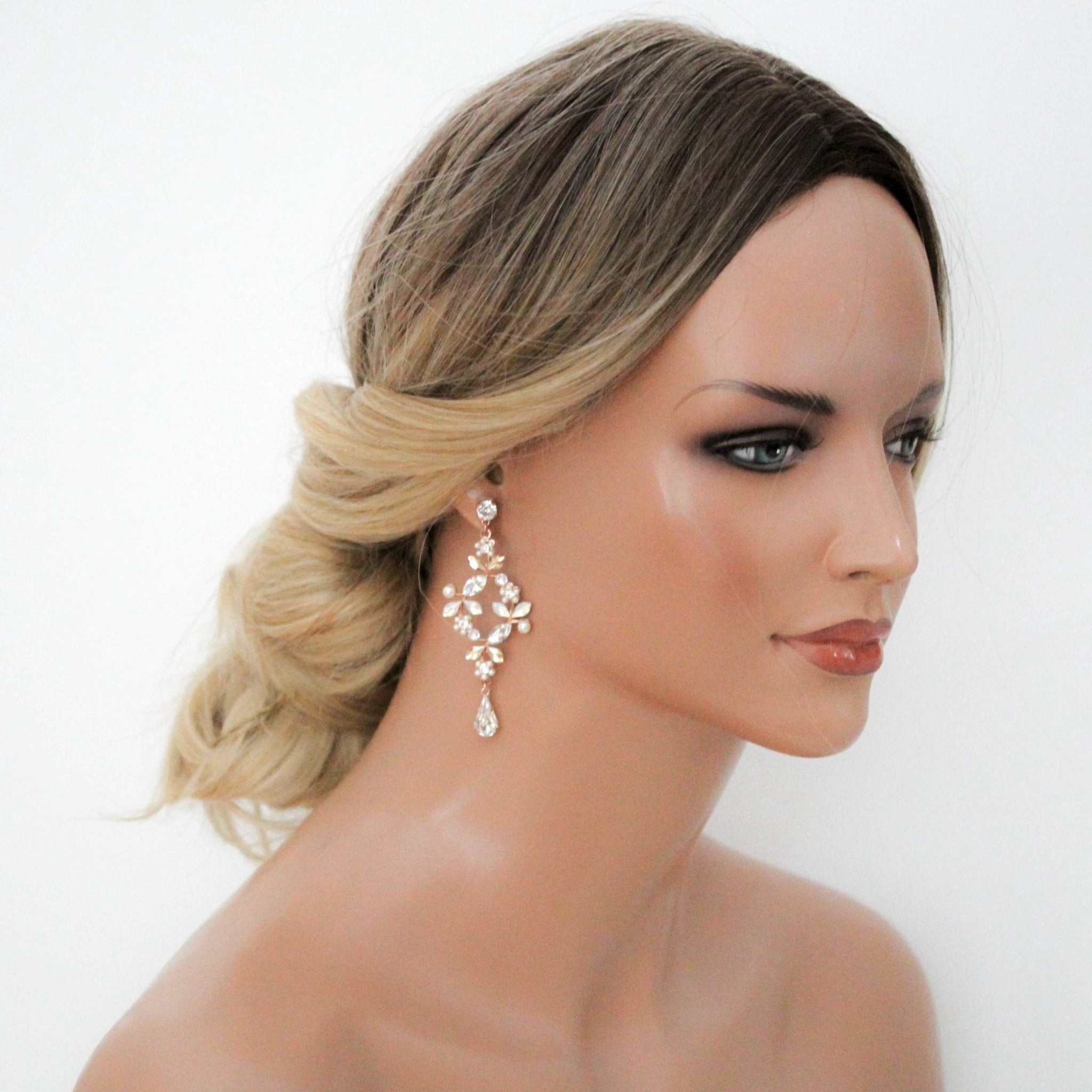 Rose gold White opal crystal Bridal chandelier earrings - EVA - Treasures by Agnes
