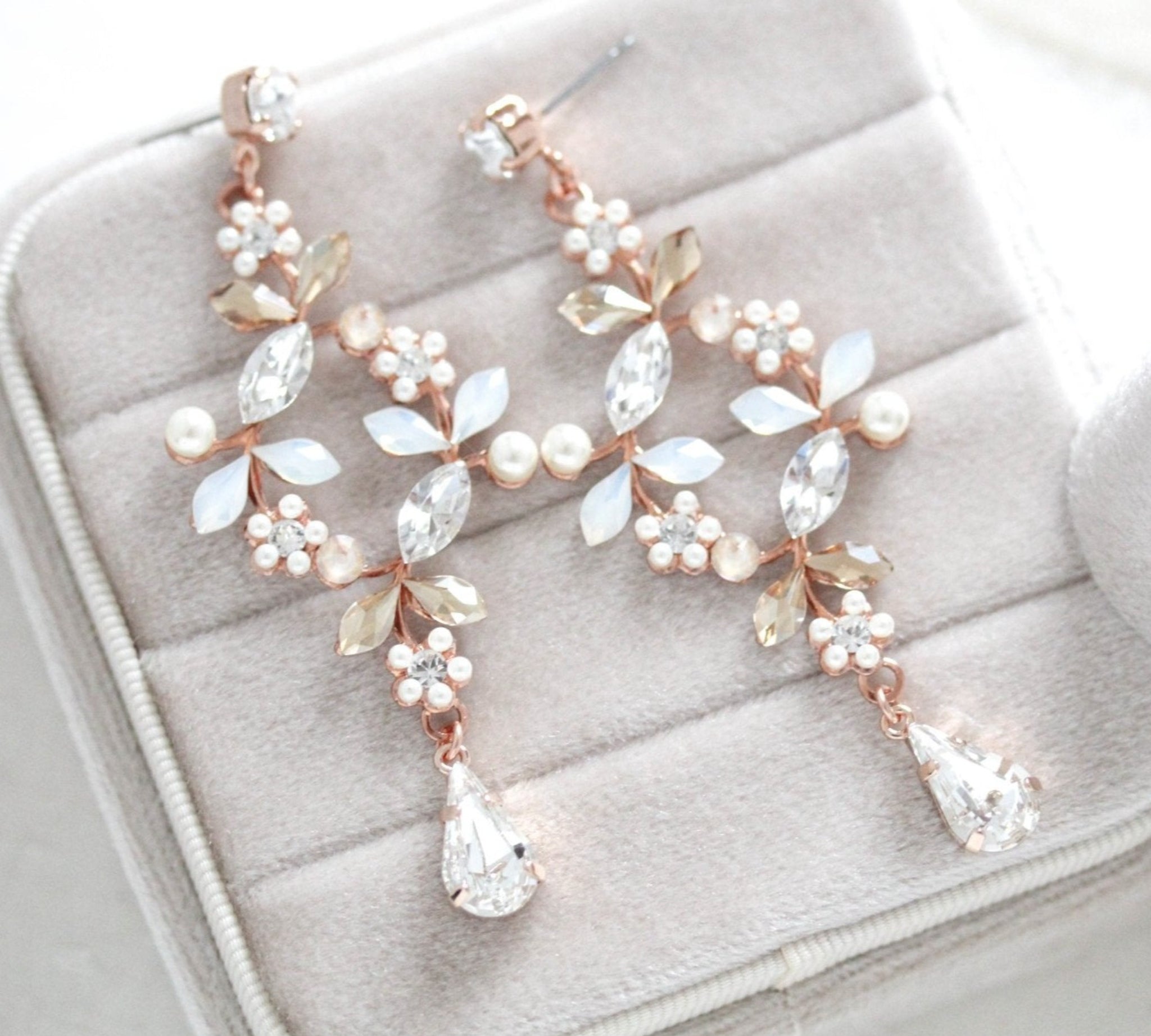 Rose gold White opal crystal Bridal chandelier earrings - EVA - Treasures by Agnes