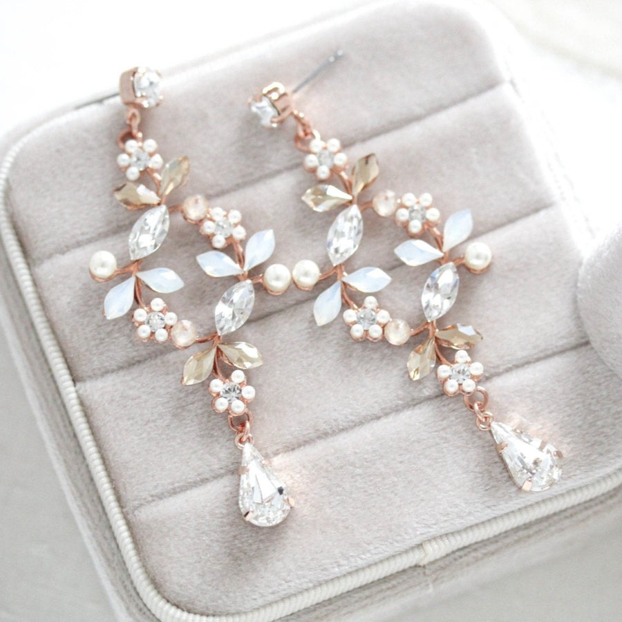 Rose gold White opal crystal Bridal chandelier earrings - EVA - Treasures by Agnes