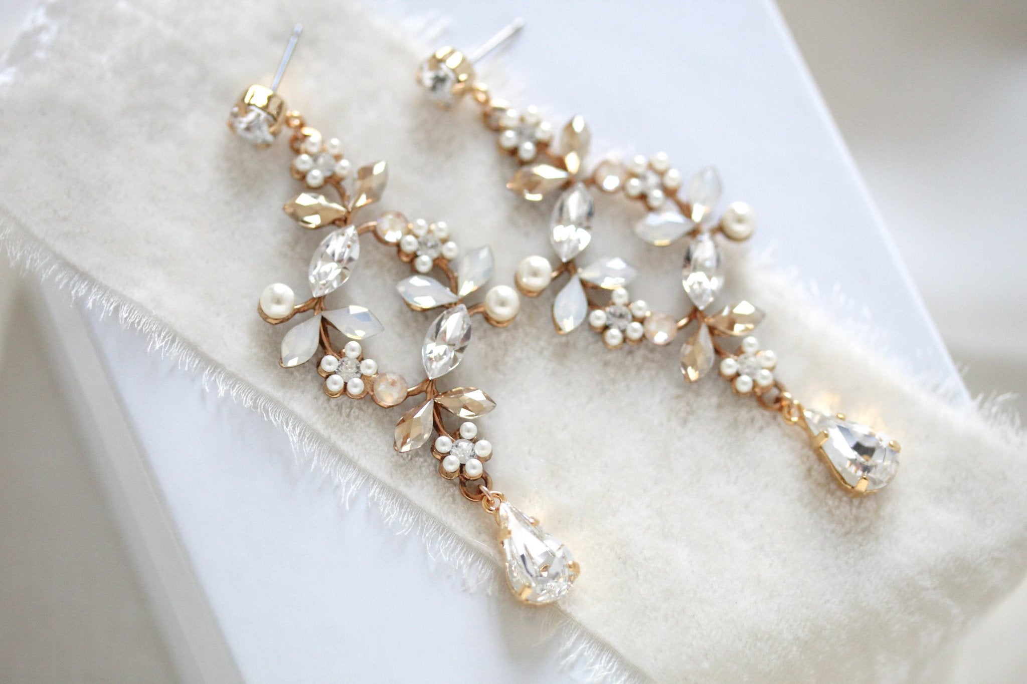 Rose gold White opal crystal Bridal chandelier earrings - EVA - Treasures by Agnes