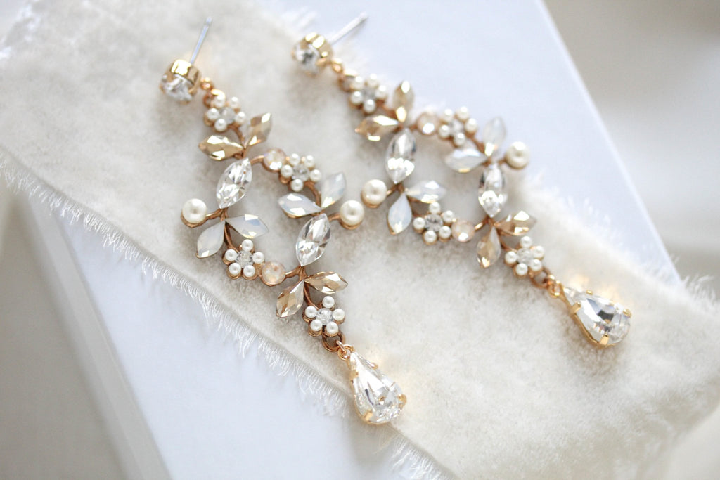 Rose gold White opal crystal Bridal chandelier earrings - EVA - Treasures by Agnes
