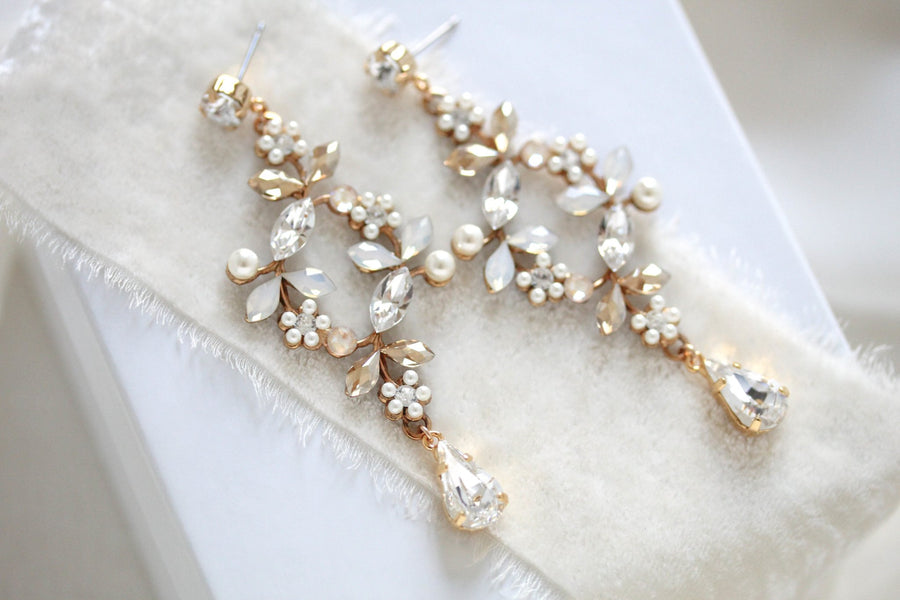 Rose gold White opal crystal Bridal chandelier earrings - EVA - Treasures by Agnes