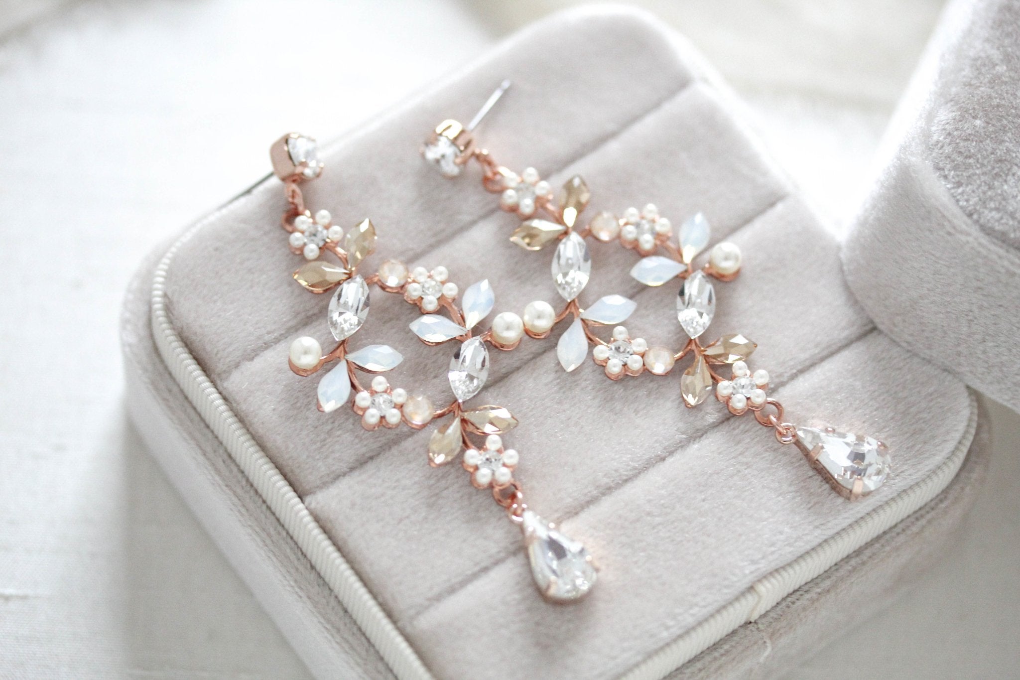 Rose gold White opal crystal Bridal chandelier earrings - EVA - Treasures by Agnes