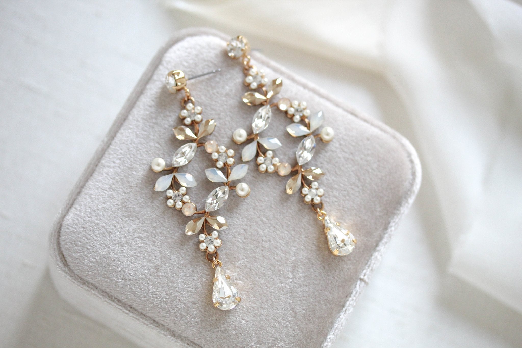 Rose gold White opal crystal Bridal chandelier earrings - EVA - Treasures by Agnes
