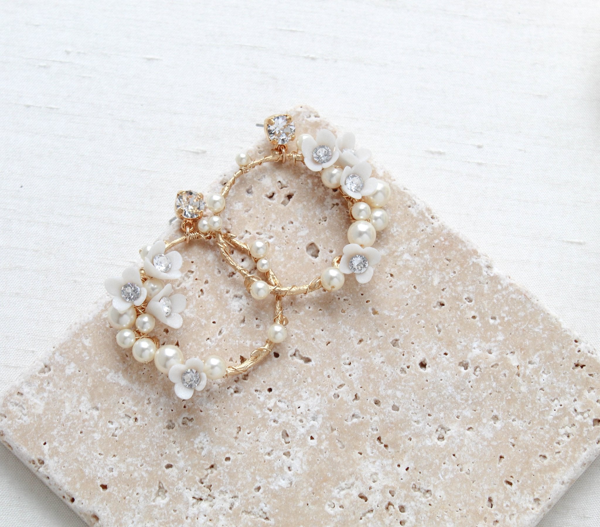Round Floral hoop Bridal earrings with pearls and crystals - KARA - Treasures by Agnes