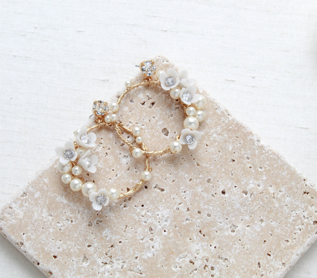 Round Floral hoop Bridal earrings with pearls and crystals - KARA - Treasures by Agnes
