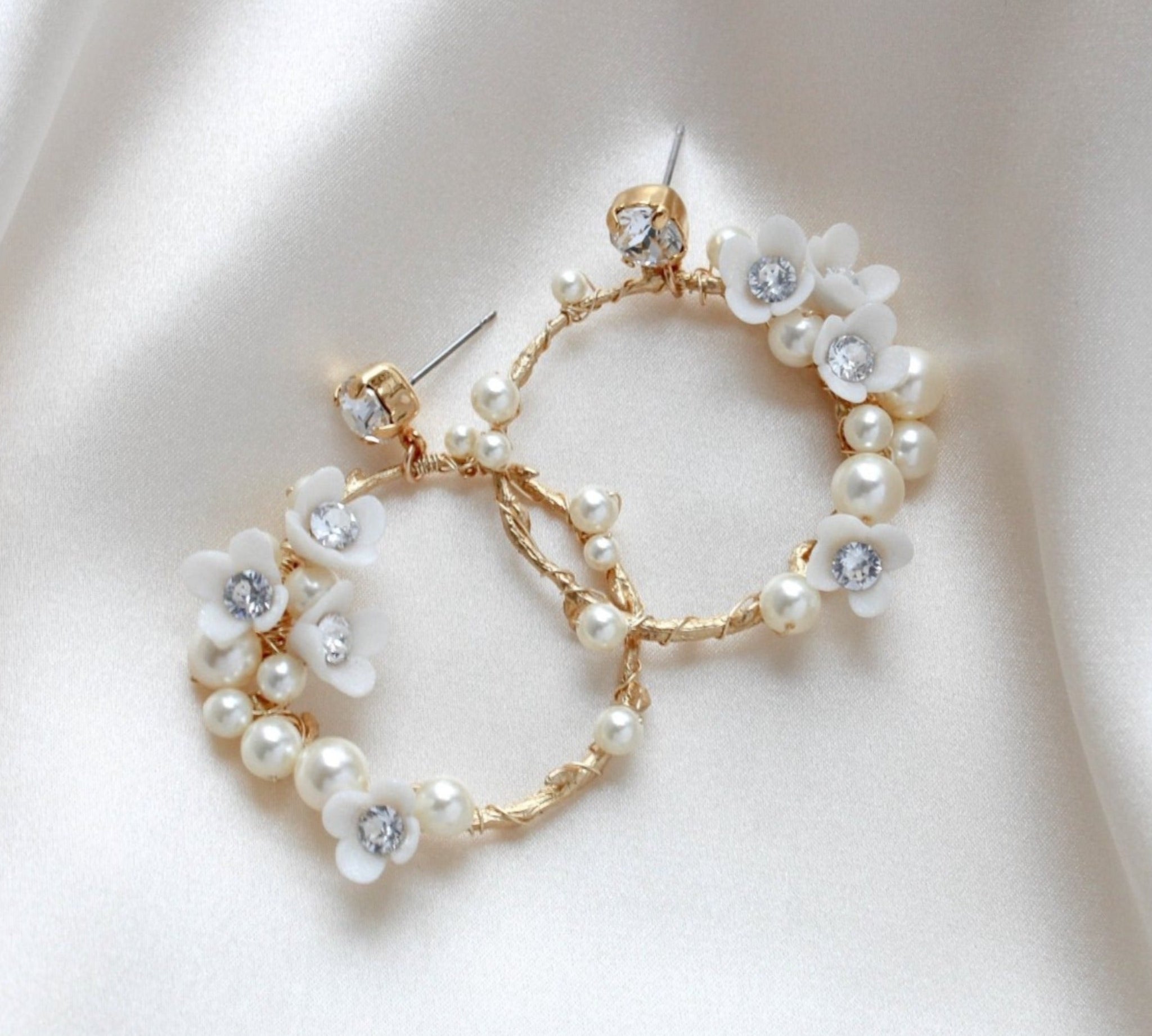 Round Floral hoop Bridal earrings with pearls and crystals - KARA - Treasures by Agnes