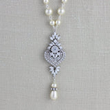 Silver Art Deco Crystal and pearl Bridal necklace - EMMA - Treasures by Agnes