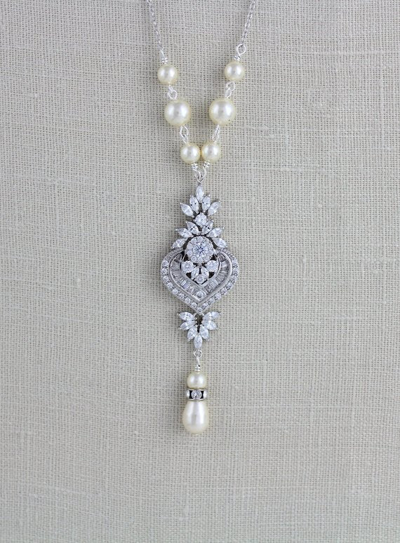 Silver Art Deco Crystal and pearl Bridal necklace - EMMA - Treasures by Agnes