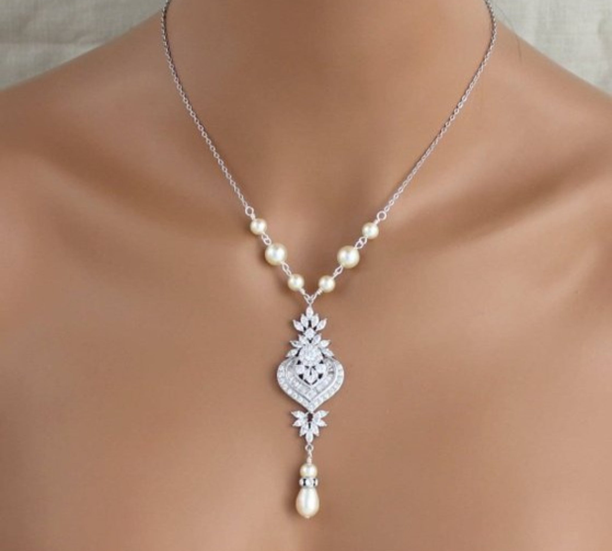 Silver Art Deco Crystal and pearl Bridal necklace - EMMA - Treasures by Agnes