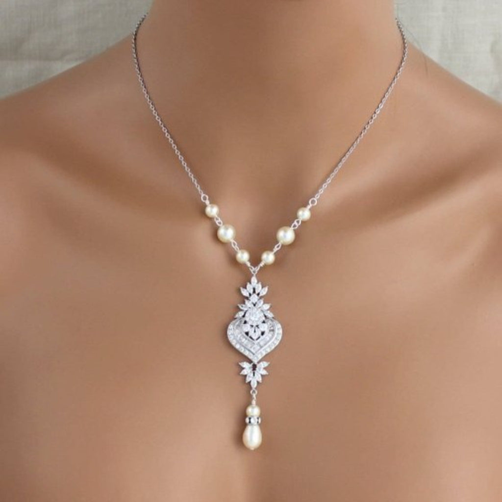 Silver Art Deco Crystal and pearl Bridal necklace - EMMA - Treasures by Agnes