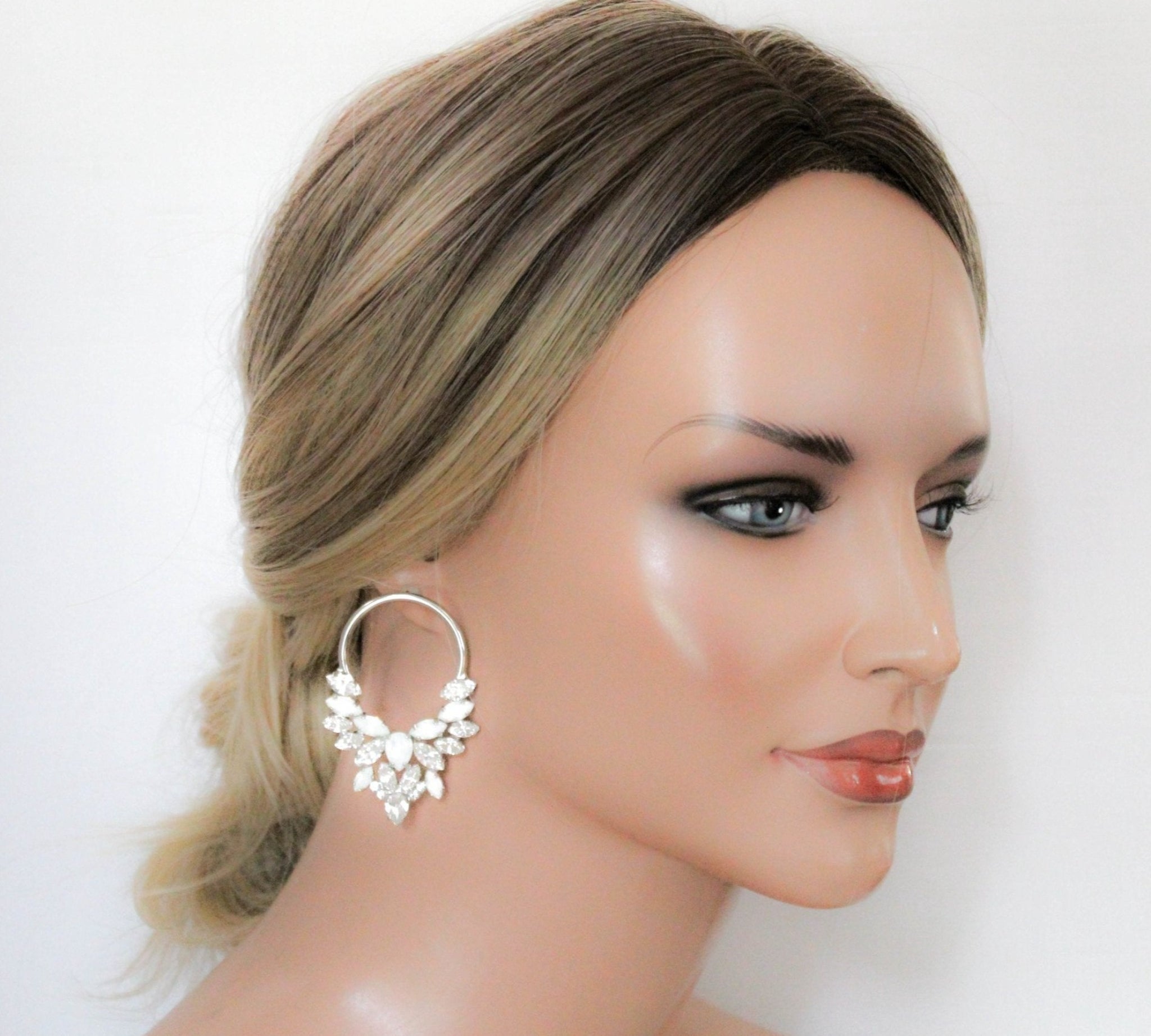Silver hoop earrings with white opal crystals - ANASTASIA - Treasures by Agnes
