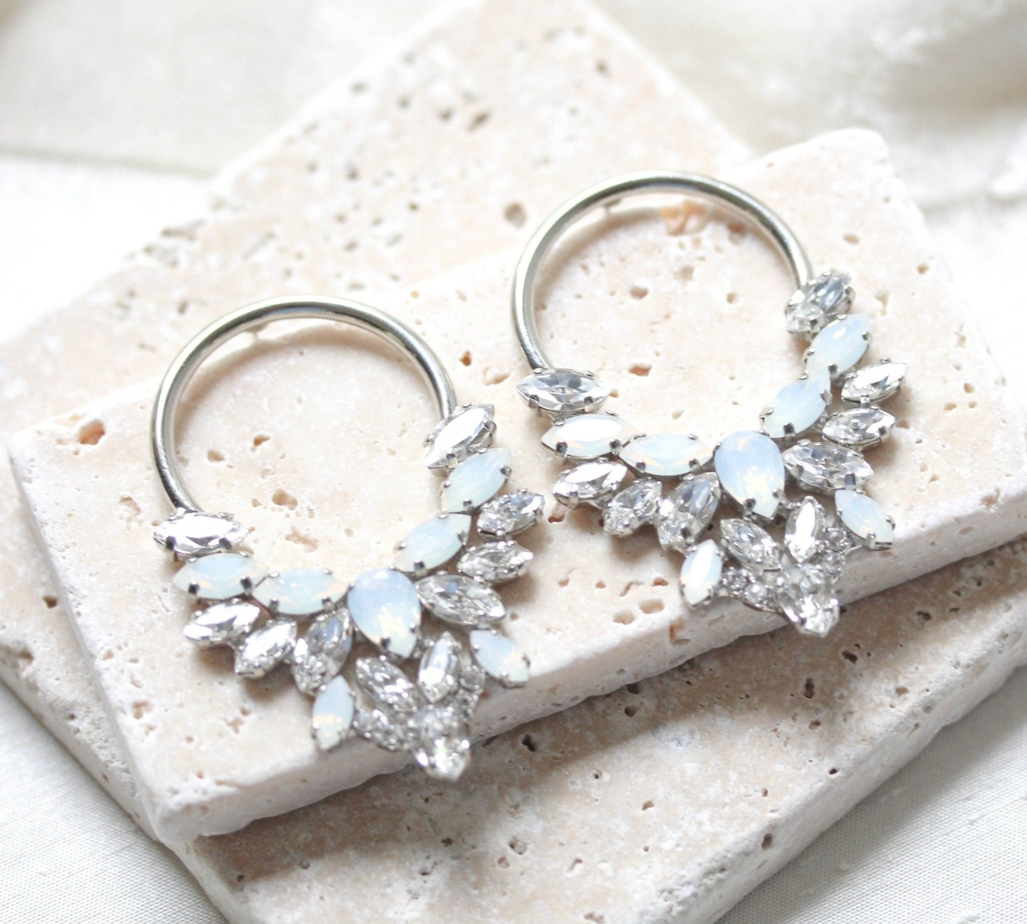 Silver hoop earrings with white opal crystals - ANASTASIA - Treasures by Agnes