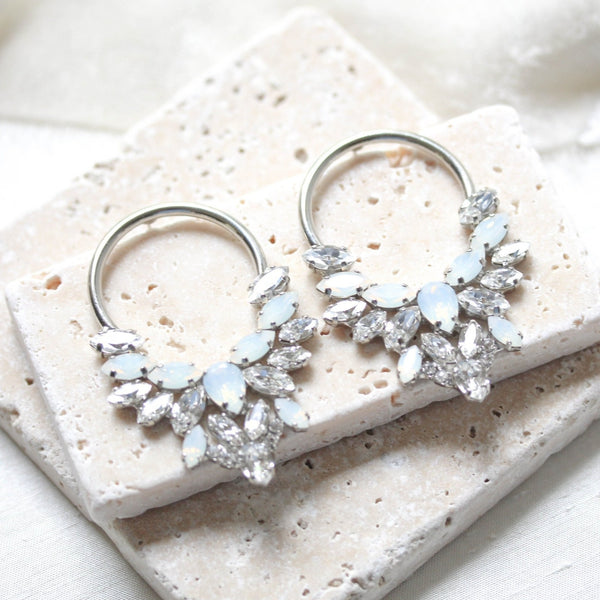 Silver hoop earrings with white opal crystals - ANASTASIA - Treasures by Agnes