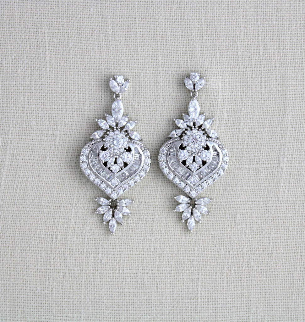 silver or rose gold cz bridal earrings art deco vintage style earrings emma