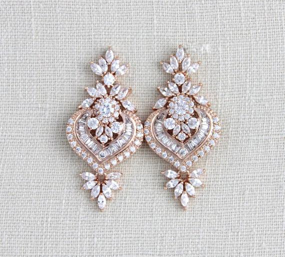 Silver or Rose gold CZ Bridal earrings, Art Deco vintage style earrings - EMMA - Treasures by Agnes