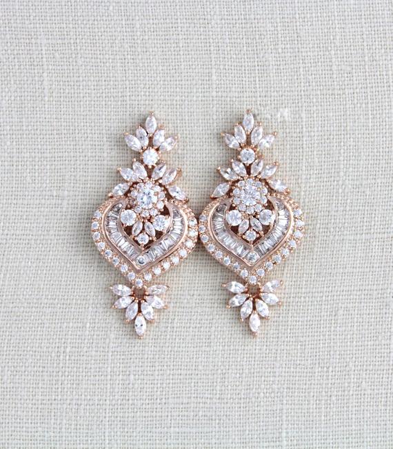 Silver or Rose gold CZ Bridal earrings, Art Deco vintage style earrings - EMMA - Treasures by Agnes