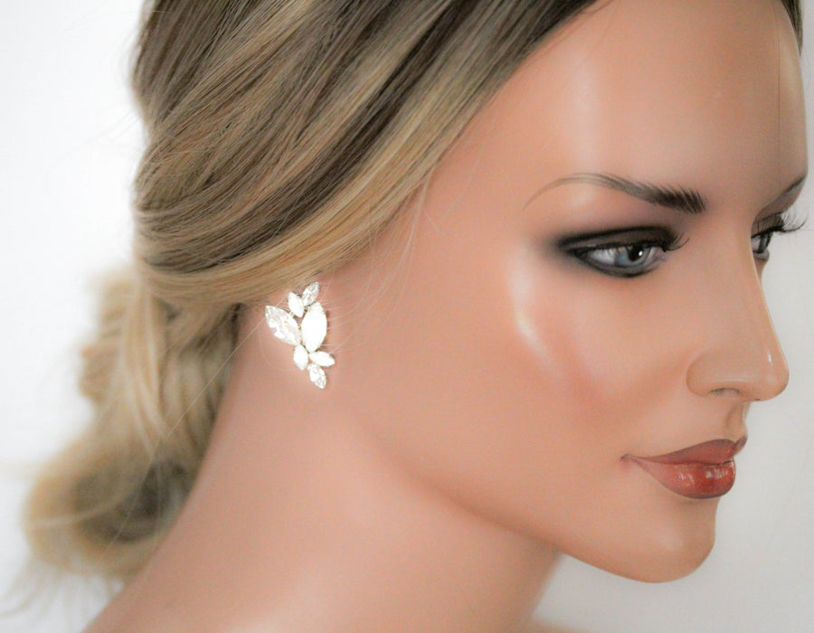 Silver white opal crystal stud earrings for brides or bridesmaids - GLORIA - Treasures by Agnes