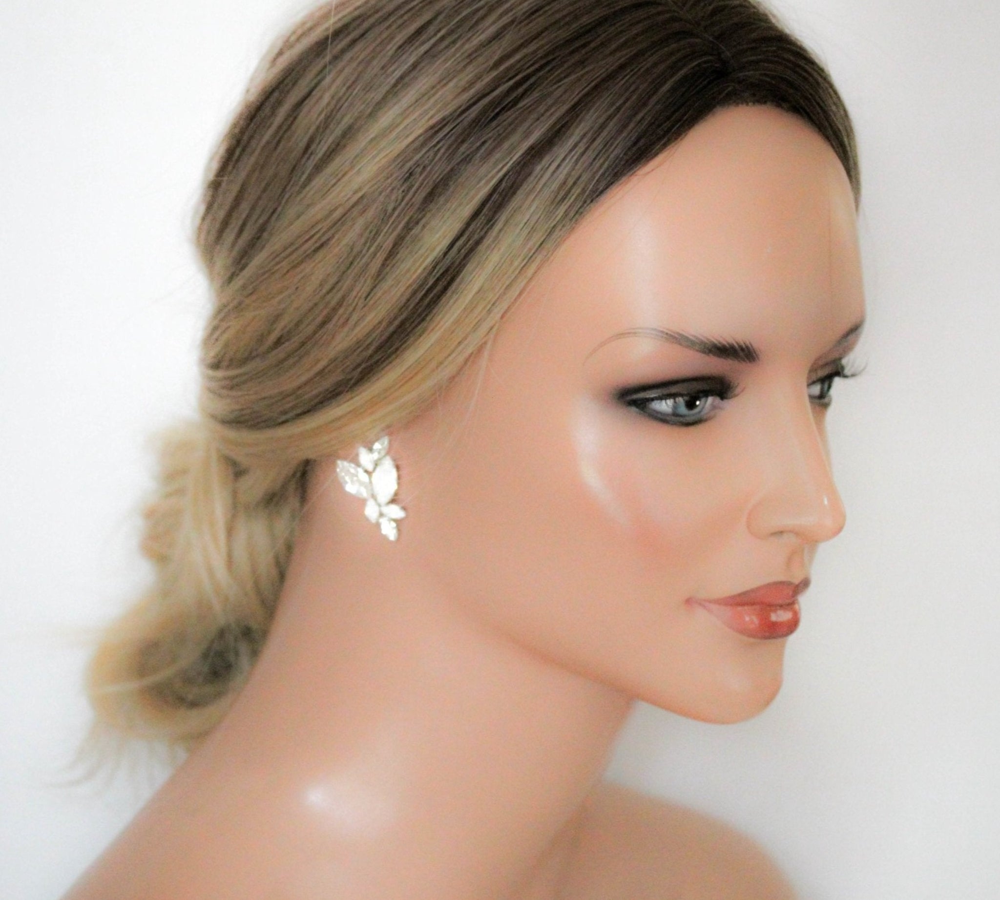 Silver white opal crystal stud earrings for brides or bridesmaids - GLORIA - Treasures by Agnes