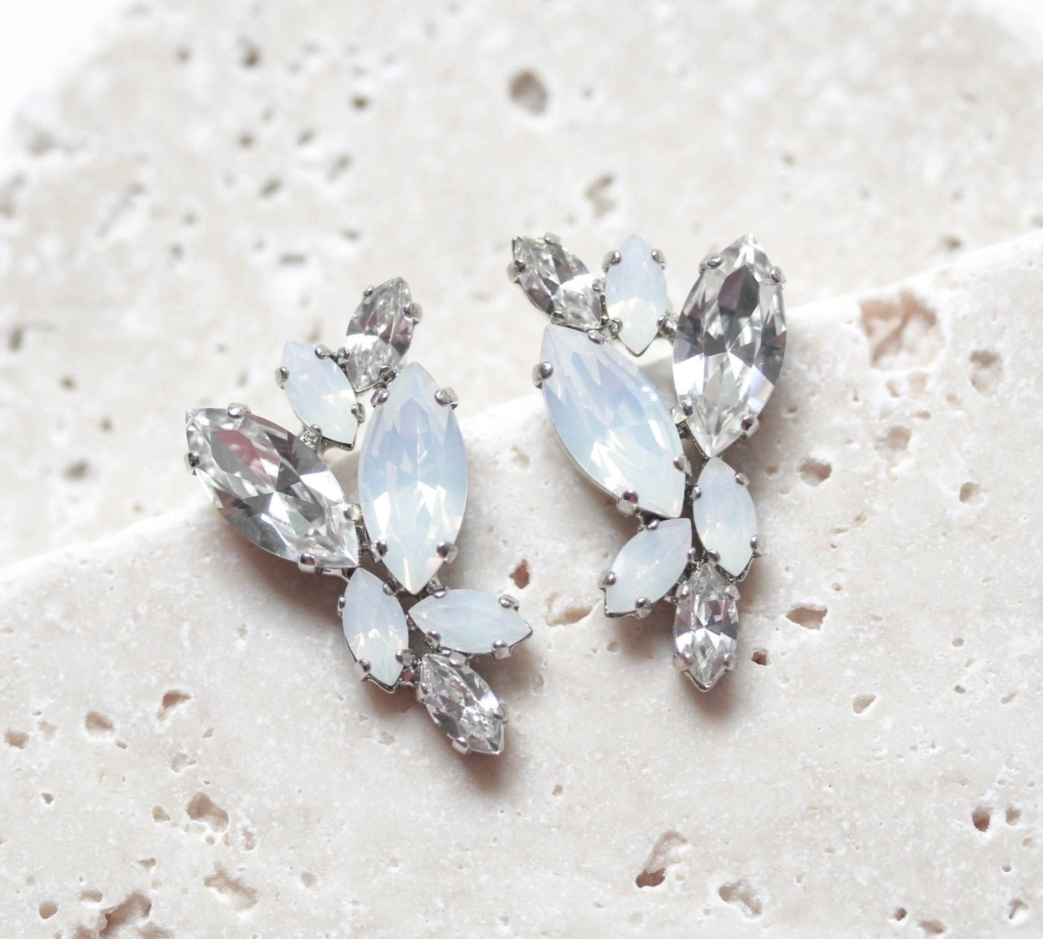 Silver white opal crystal stud earrings for brides or bridesmaids - GLORIA - Treasures by Agnes