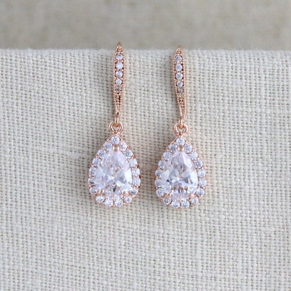 Simple rose gold crystal drop bridal earrings - NORAH - Treasures by Agnes