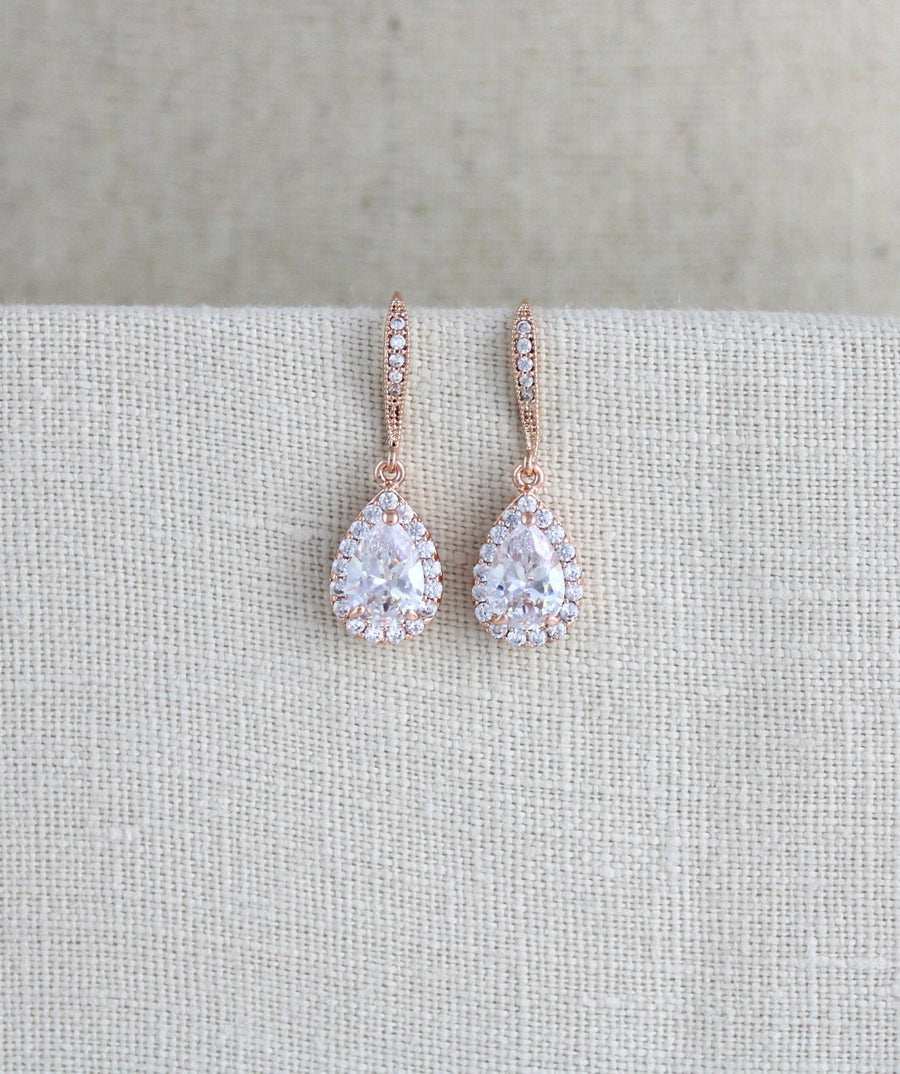 Simple rose gold crystal drop bridal earrings - NORAH - Treasures by Agnes